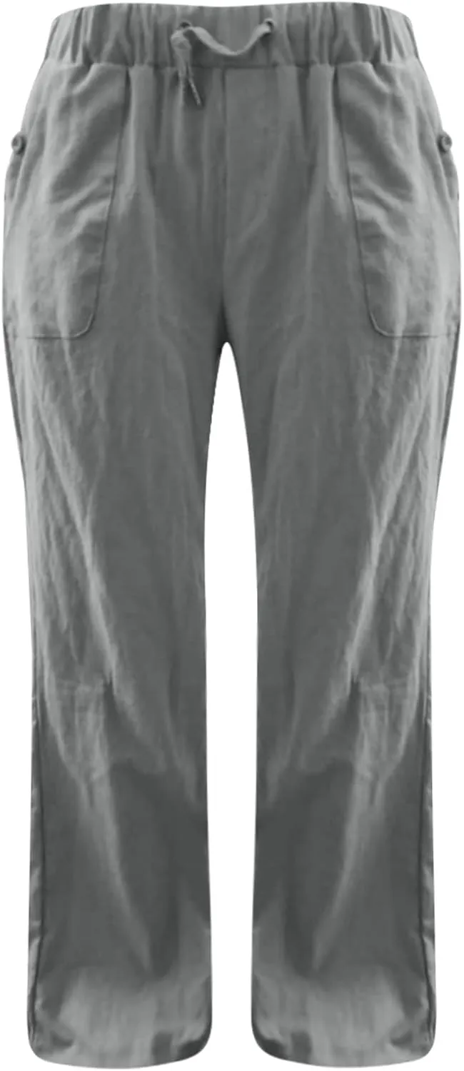 Low Rise Petite Linen Pants for Women Drawstring Elastic Waist Y2K Casual Flared Trouser Summer Loungewear Yoga Pants