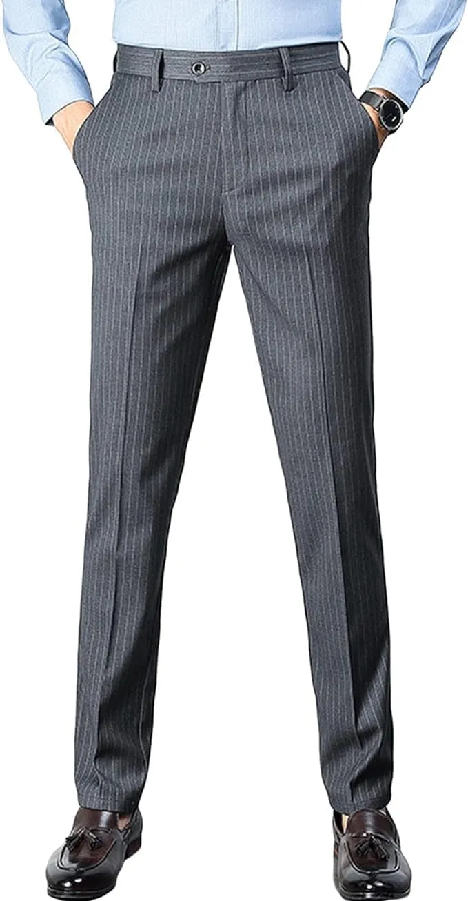 Maiyifu-GJ Men's Casual Business Dress Pants Slim Fit Stretch Pinstripe Suit Pant Lightweight Formal Flat Front Trousers