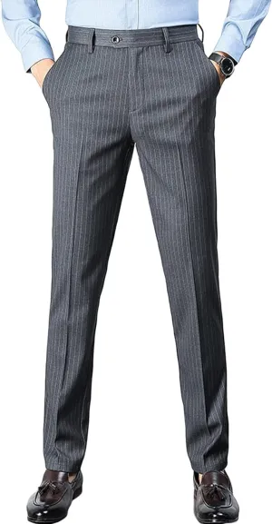 Maiyifu-GJ Men's Casual Business Dress Pants Slim Fit Stretch Pinstripe Suit Pant Lightweight Formal Flat Front Trousers