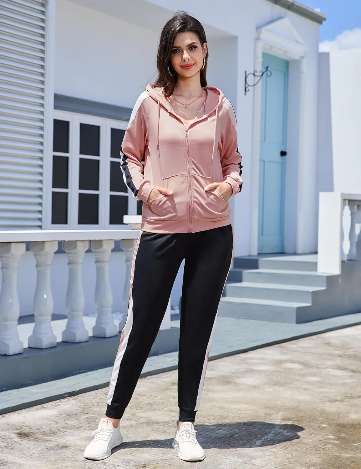Marvmys Women's 2 Piece Tracksuit Set Full Zip-Up Hoddie Sweatsuits Color Block Jogging Suits with Pockets
