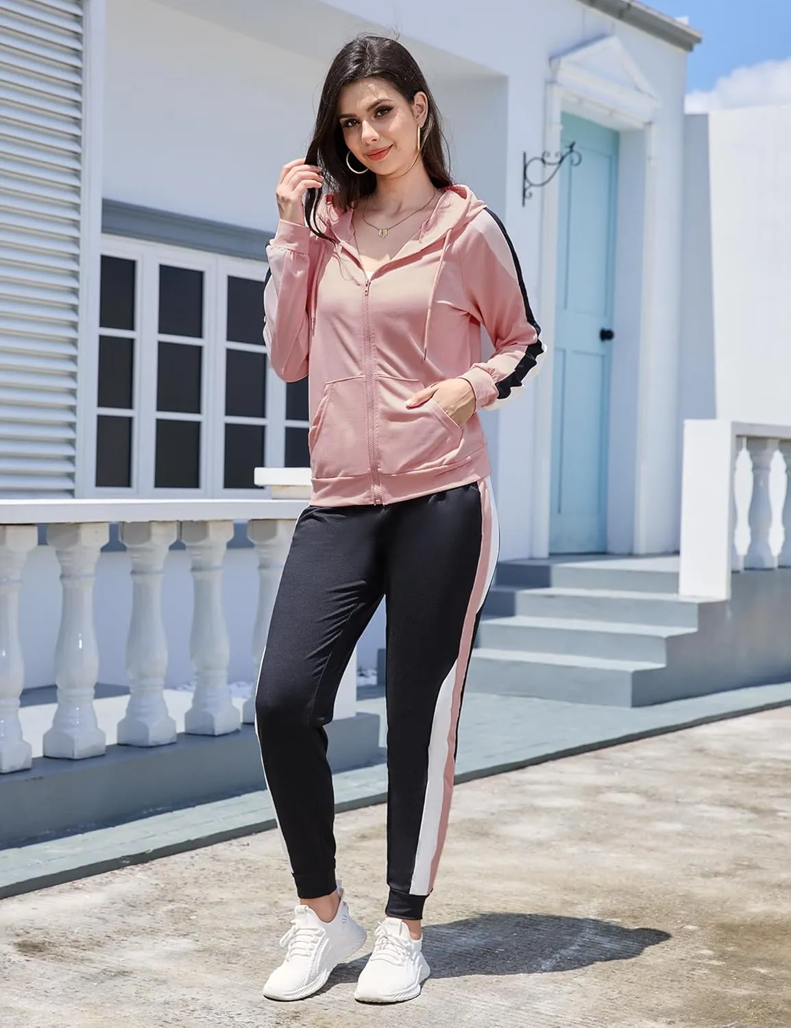 Marvmys Women's 2 Piece Tracksuit Set Full Zip-Up Hoddie Sweatsuits Color Block Jogging Suits with Pockets
