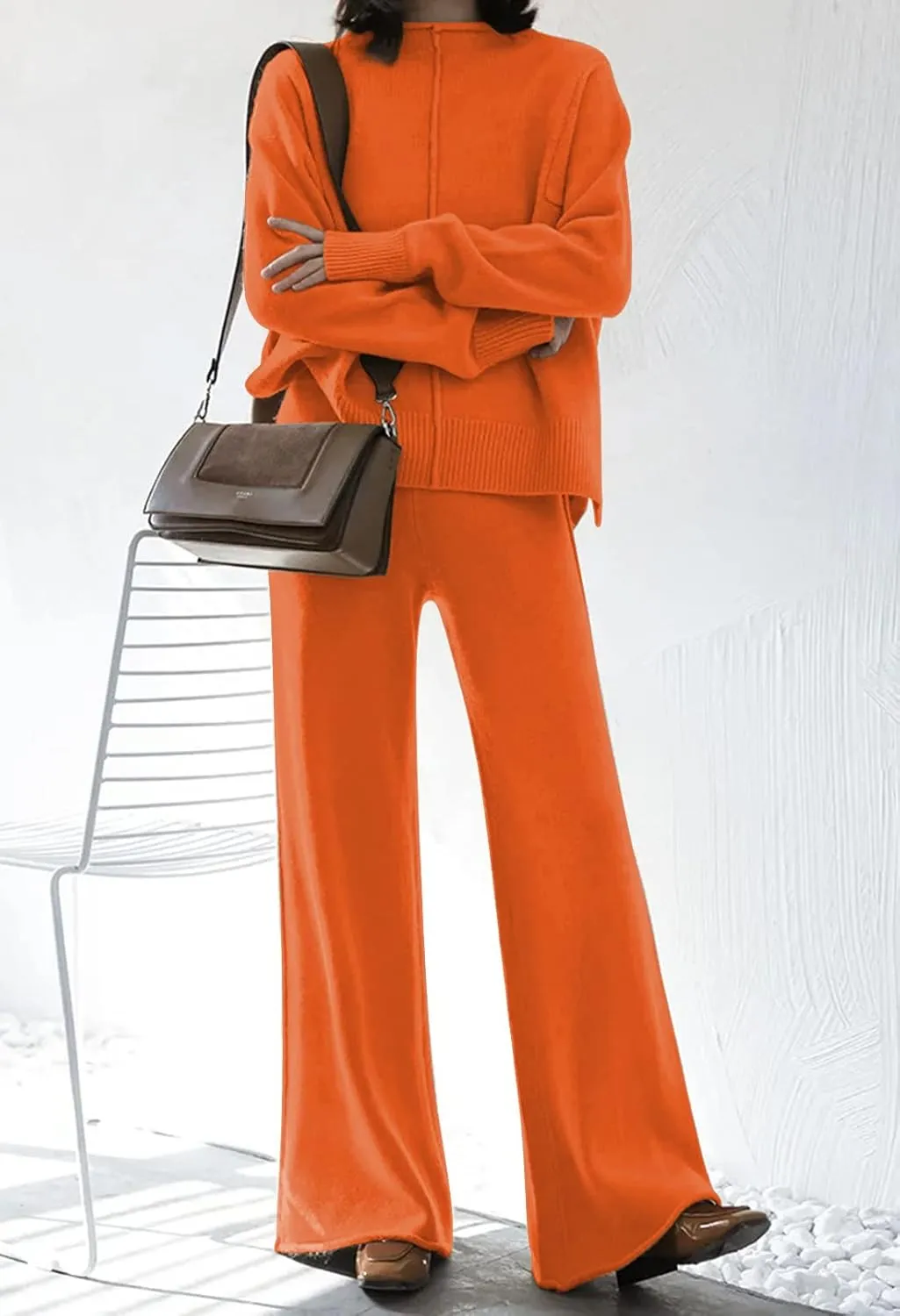 Meenew Women's High Neck 2 Piece Sweatsuit Long Sleeve Knit Sweater Tops Wide Leg Pants Set Outfits