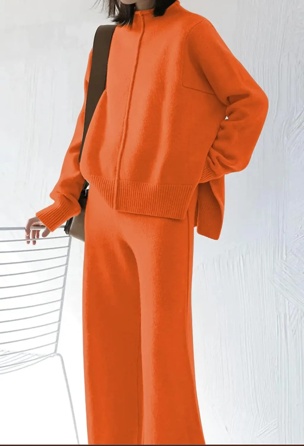 Meenew Women's High Neck 2 Piece Sweatsuit Long Sleeve Knit Sweater Tops Wide Leg Pants Set Outfits