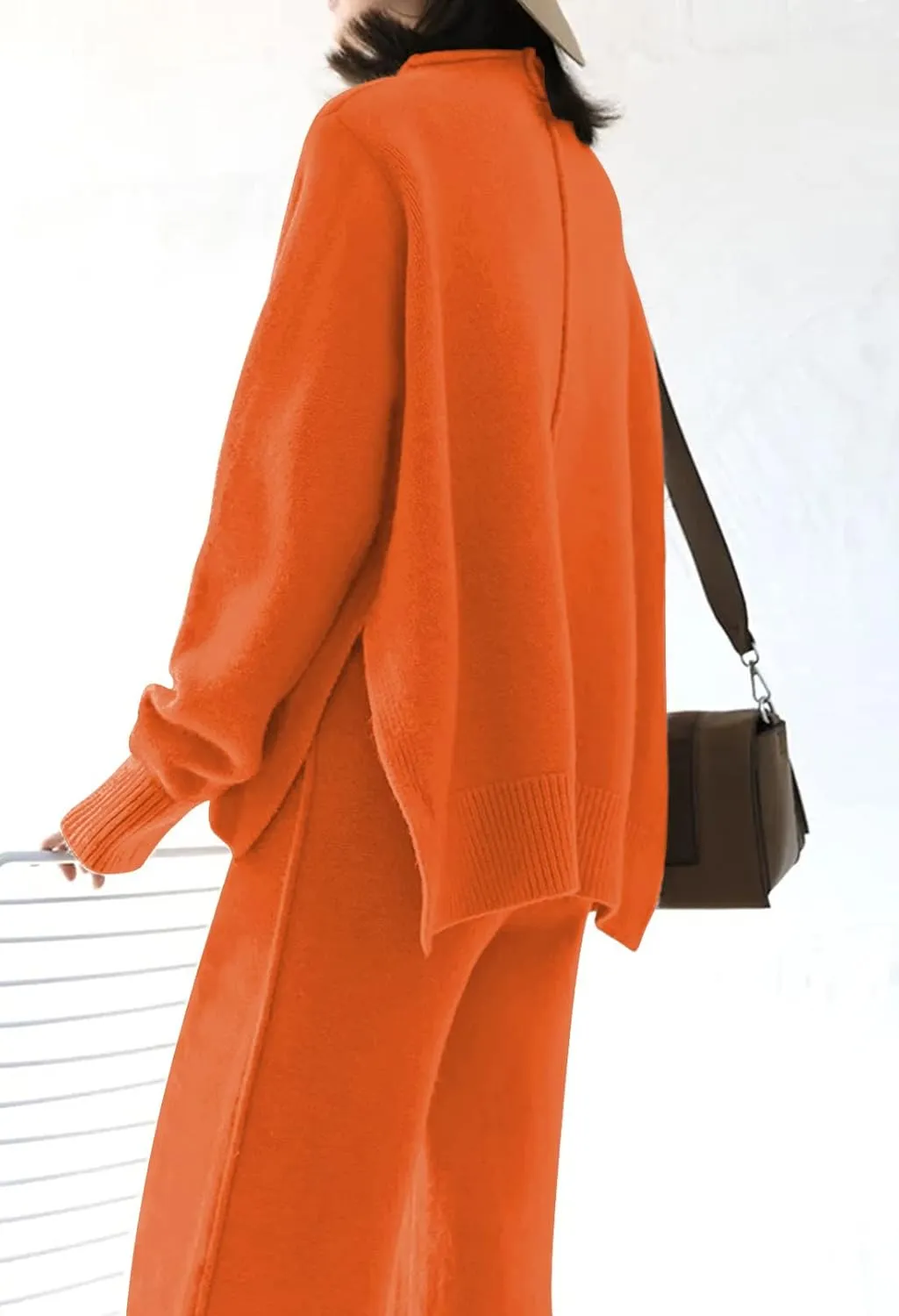 Meenew Women's High Neck 2 Piece Sweatsuit Long Sleeve Knit Sweater Tops Wide Leg Pants Set Outfits