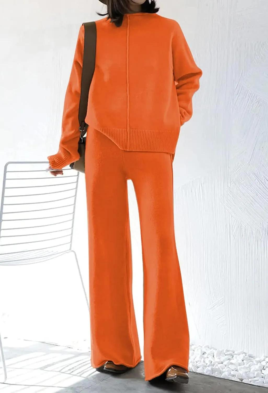 Meenew Women's High Neck 2 Piece Sweatsuit Long Sleeve Knit Sweater Tops Wide Leg Pants Set Outfits
