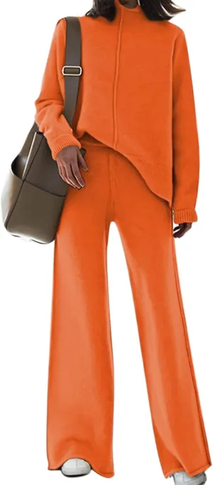 Meenew Women's High Neck 2 Piece Sweatsuit Long Sleeve Knit Sweater Tops Wide Leg Pants Set Outfits