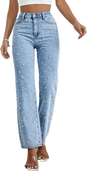 Melliflo Womens Pearl Jeans High Waisted Straight Leg Denim Pants Casual Fashion Y2K Trousers with Pockets