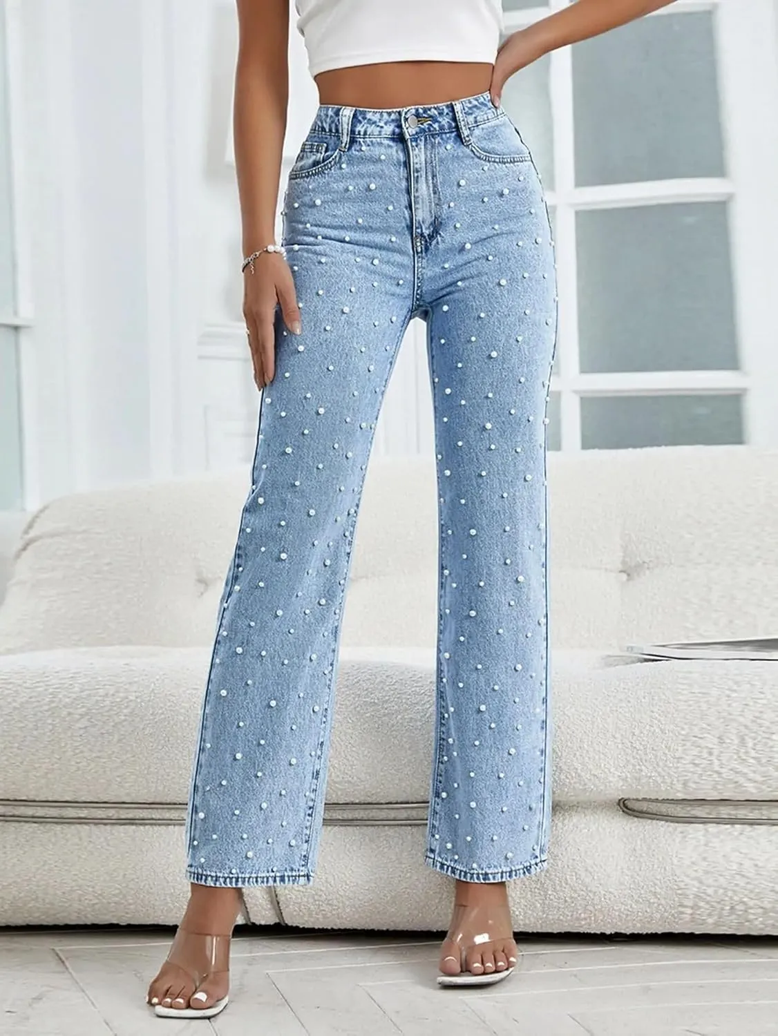 Melliflo Womens Pearl Jeans High Waisted Straight Leg Denim Pants Casual Fashion Y2K Trousers with Pockets