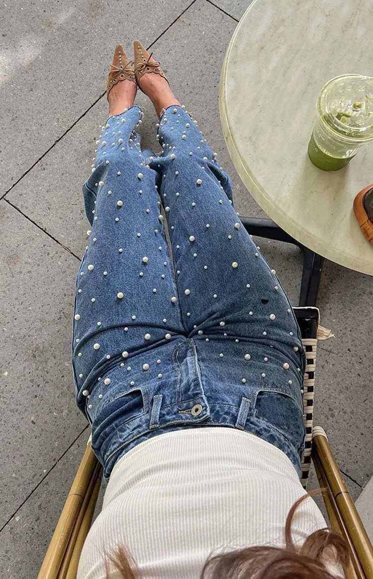 Melliflo Womens Pearl Jeans High Waisted Straight Leg Denim Pants Casual Fashion Y2K Trousers with Pockets