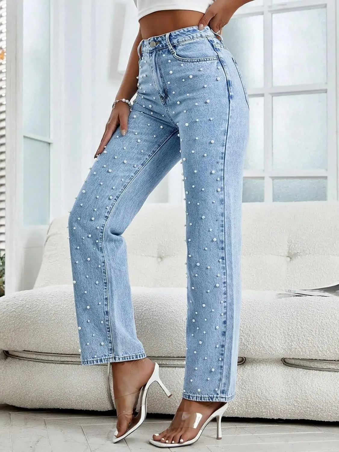 Melliflo Womens Pearl Jeans High Waisted Straight Leg Denim Pants Casual Fashion Y2K Trousers with Pockets