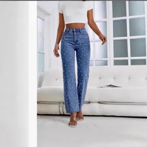 Melliflo Womens Pearl Jeans High Waisted Straight Leg Denim Pants Casual Fashion Y2K Trousers with Pockets
