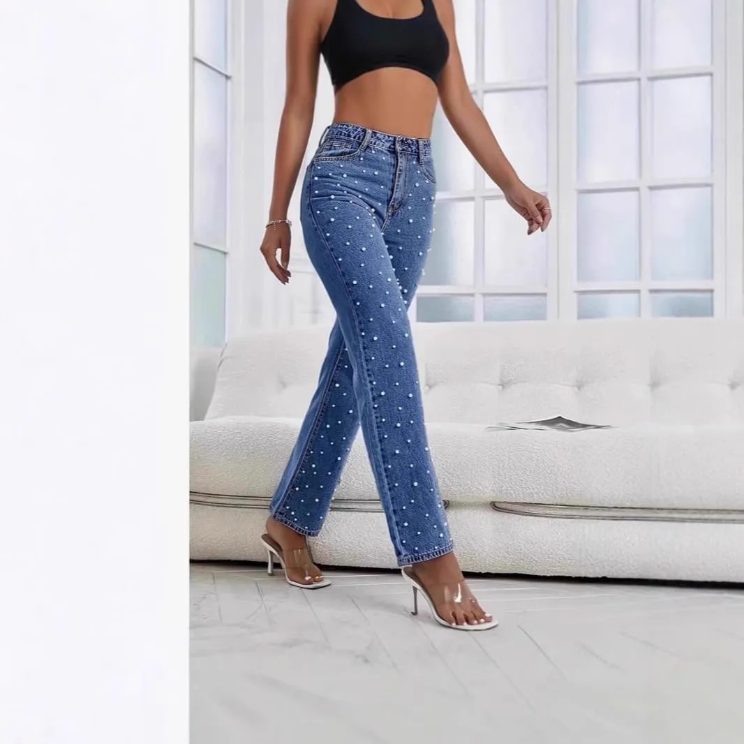 Melliflo Womens Pearl Jeans High Waisted Straight Leg Denim Pants Casual Fashion Y2K Trousers with Pockets