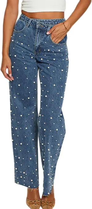 Melliflo Womens Pearl Jeans High Waisted Straight Leg Denim Pants Casual Fashion Y2K Trousers with Pockets