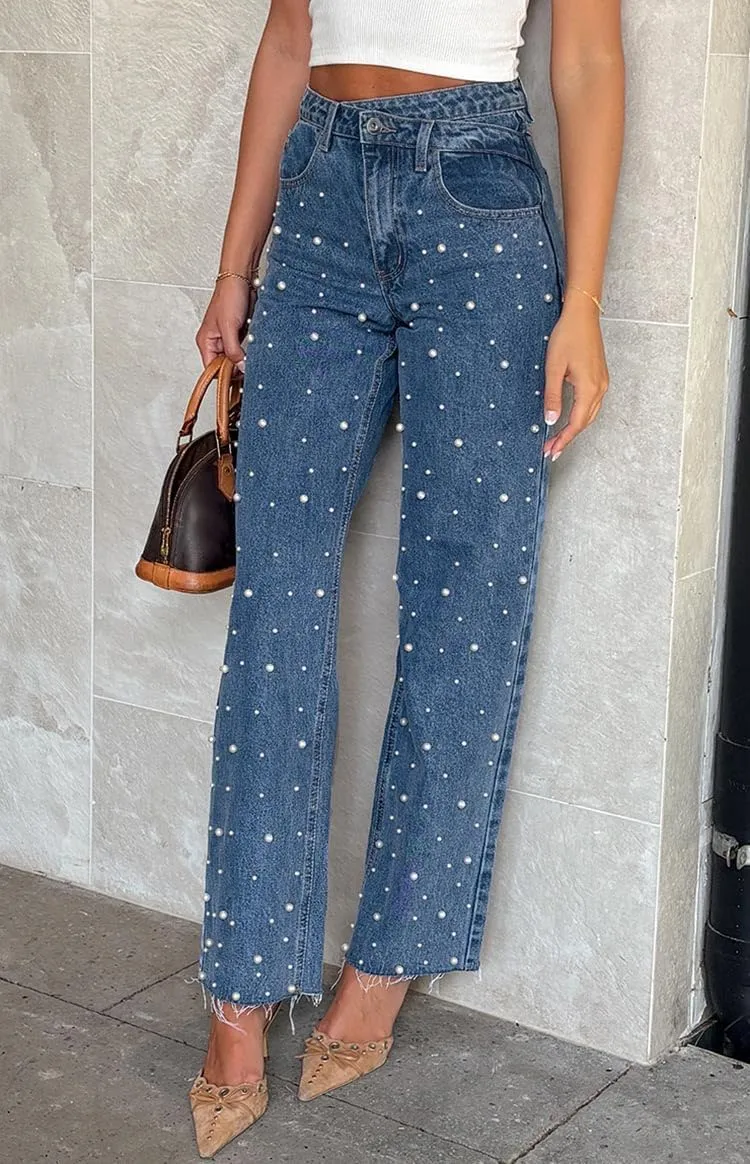 Melliflo Womens Pearl Jeans High Waisted Straight Leg Denim Pants Casual Fashion Y2K Trousers with Pockets