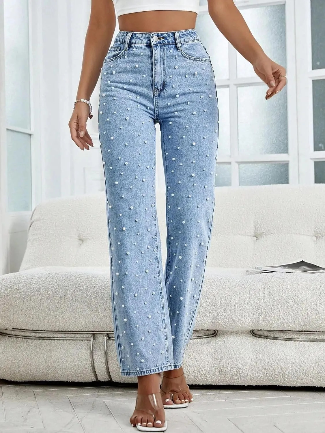 Melliflo Womens Pearl Jeans High Waisted Straight Leg Denim Pants Casual Fashion Y2K Trousers with Pockets