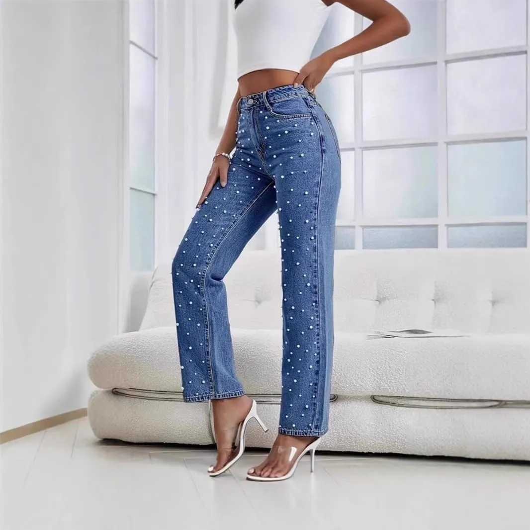 Melliflo Womens Pearl Jeans High Waisted Straight Leg Denim Pants Casual Fashion Y2K Trousers with Pockets