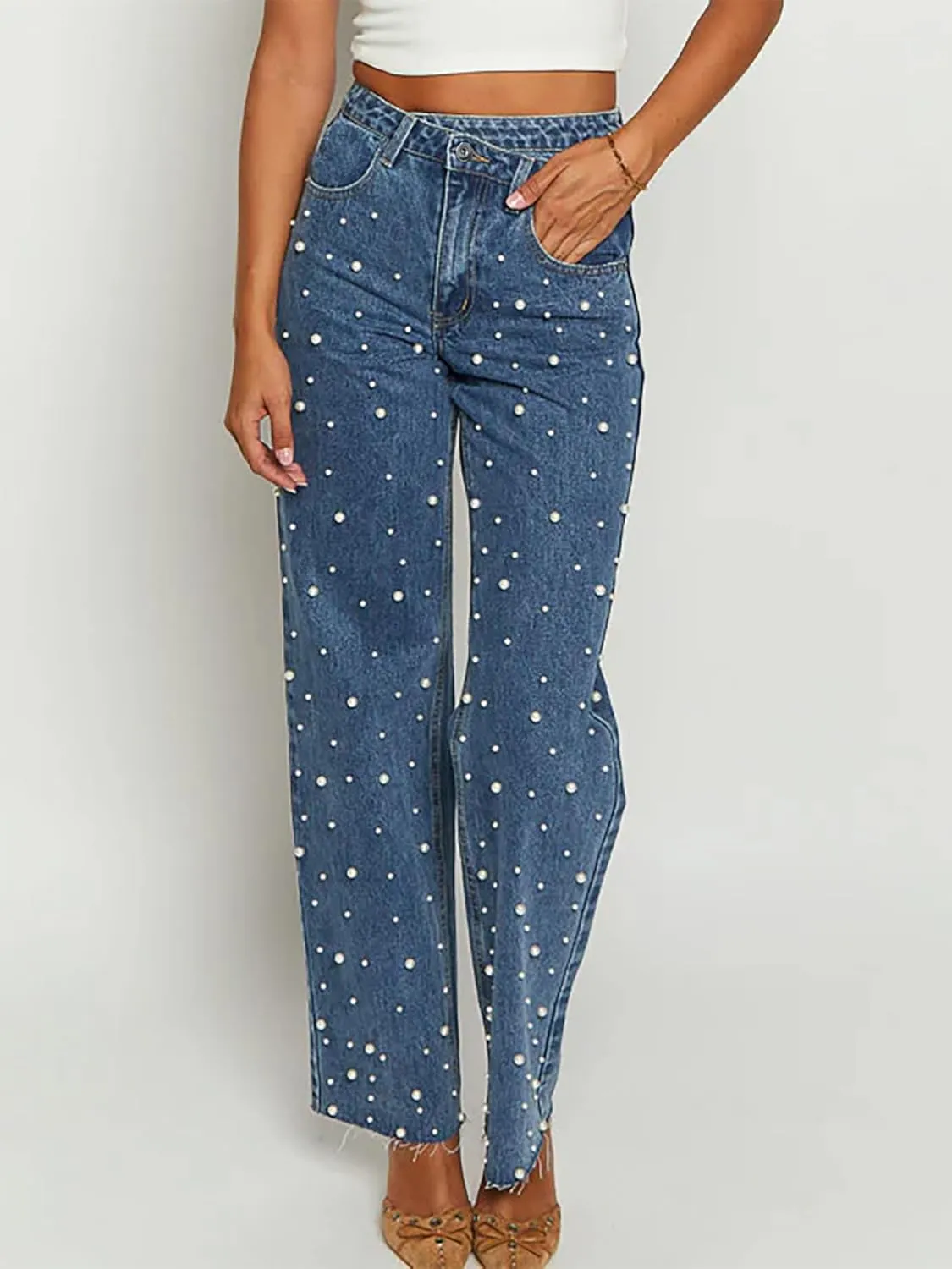 Melliflo Womens Pearl Jeans High Waisted Straight Leg Denim Pants Casual Fashion Y2K Trousers with Pockets