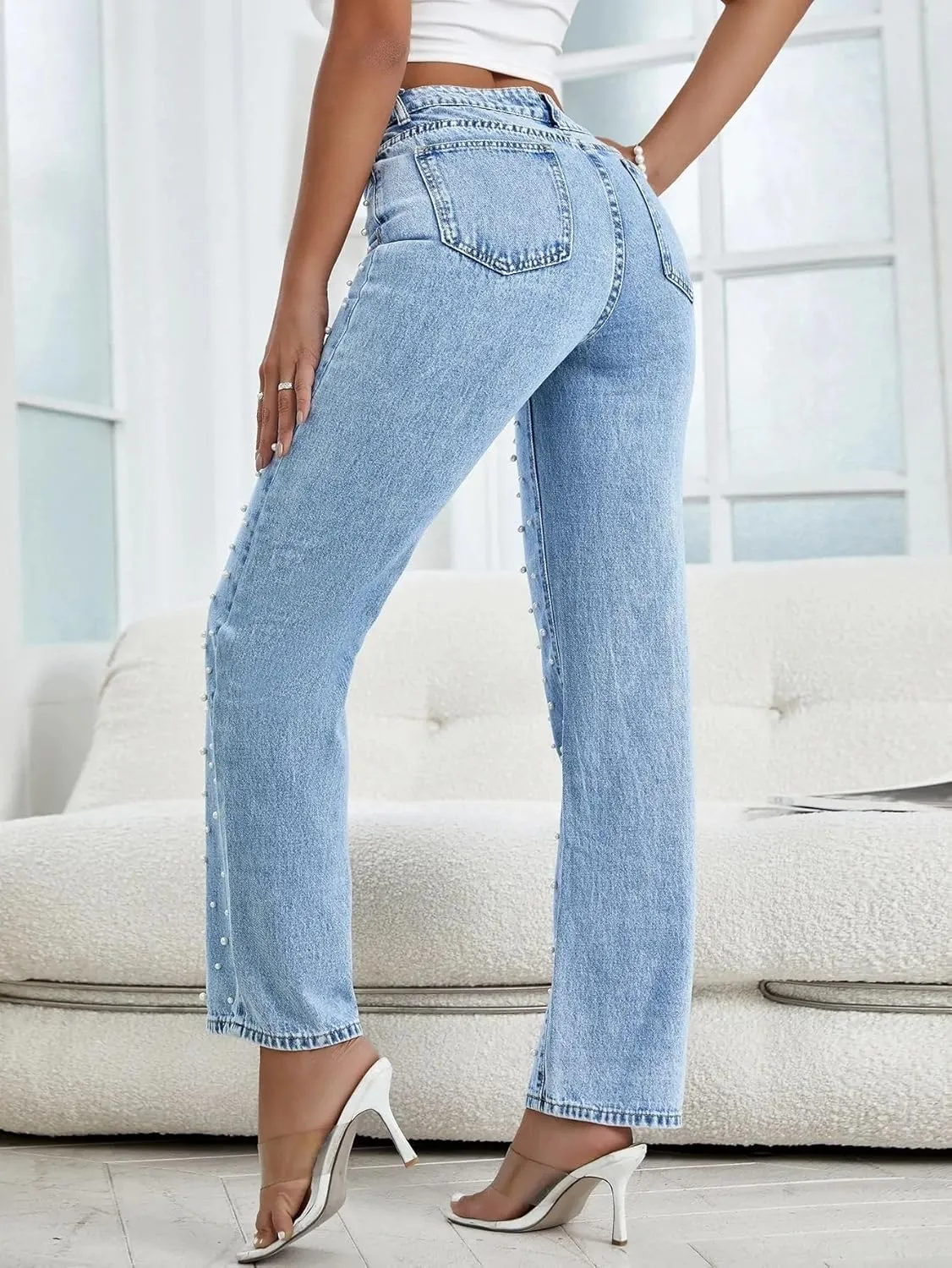 Melliflo Womens Pearl Jeans High Waisted Straight Leg Denim Pants Casual Fashion Y2K Trousers with Pockets