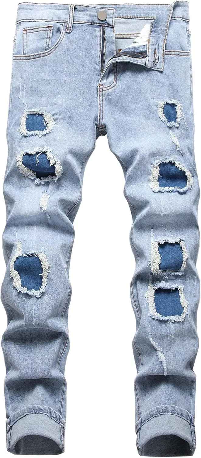Men High Street Ripped Slim Fit Elastic Jeans Distressed Denim Pants with Holes Y2K Classic Tapered Zipper Trousers