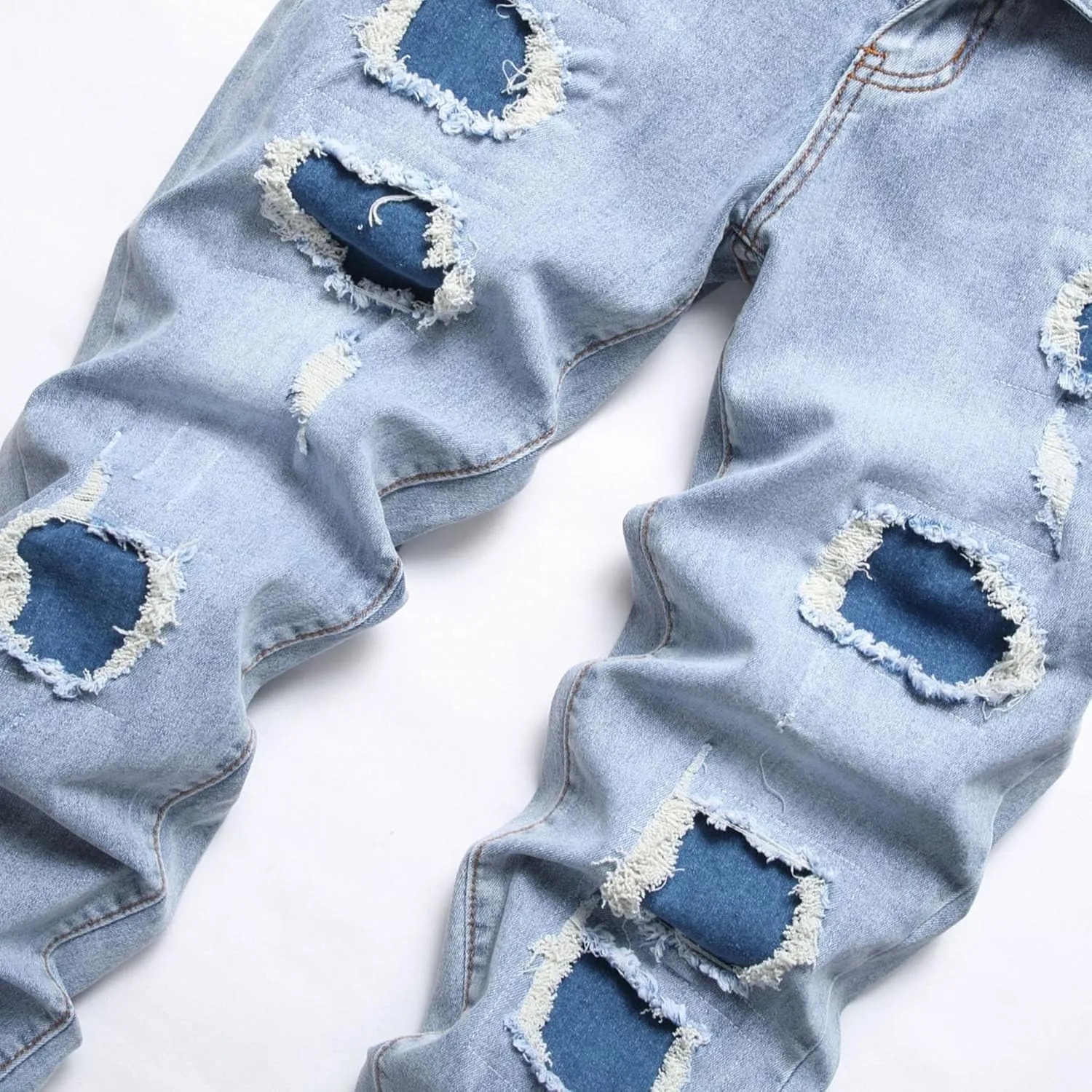 Men High Street Ripped Slim Fit Elastic Jeans Distressed Denim Pants with Holes Y2K Classic Tapered Zipper Trousers