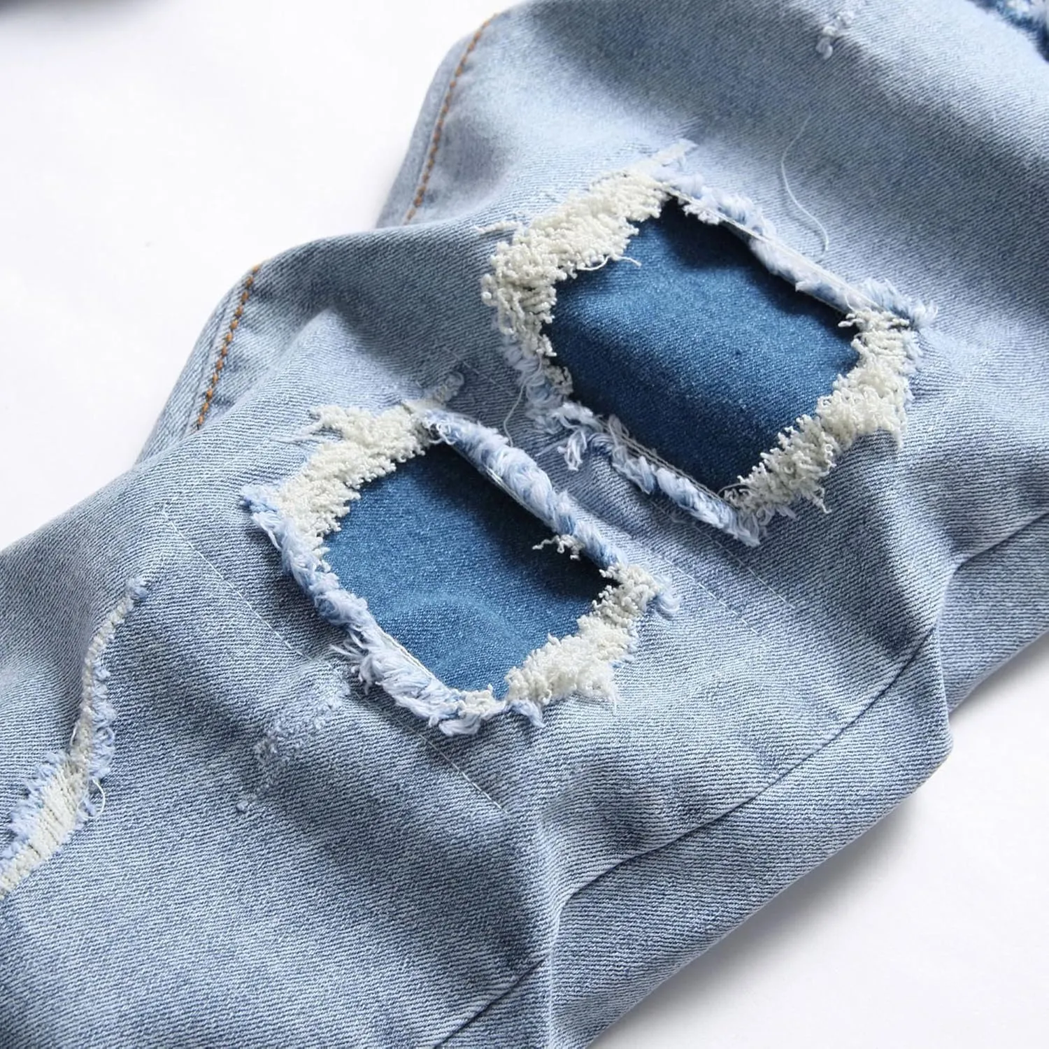 Men High Street Ripped Slim Fit Elastic Jeans Distressed Denim Pants with Holes Y2K Classic Tapered Zipper Trousers