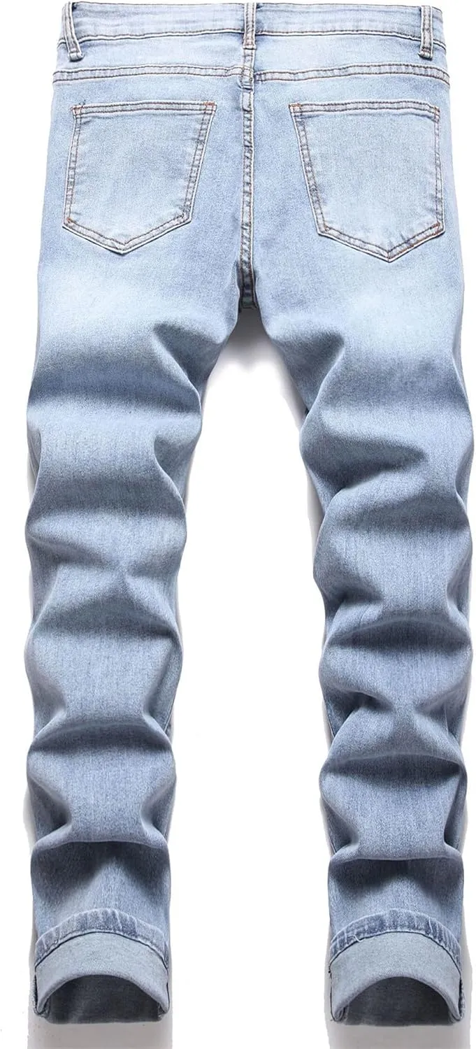Men High Street Ripped Slim Fit Elastic Jeans Distressed Denim Pants with Holes Y2K Classic Tapered Zipper Trousers