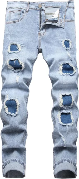Men High Street Ripped Slim Fit Elastic Jeans Distressed Denim Pants with Holes Y2K Classic Tapered Zipper Trousers