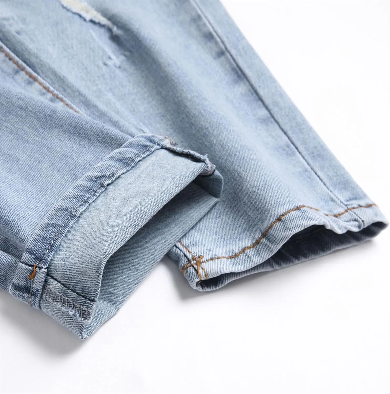 Men High Street Ripped Slim Fit Elastic Jeans Distressed Denim Pants with Holes Y2K Classic Tapered Zipper Trousers