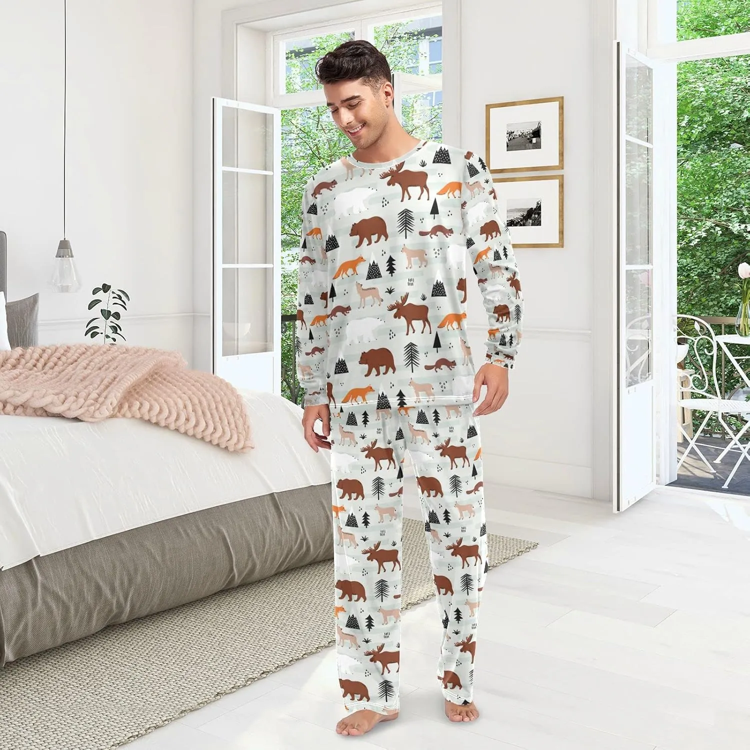 Men Women Pajama Set, 2PCs Sleepwear Top & Bottom PJ Set with Pockets(2XS-2XL)