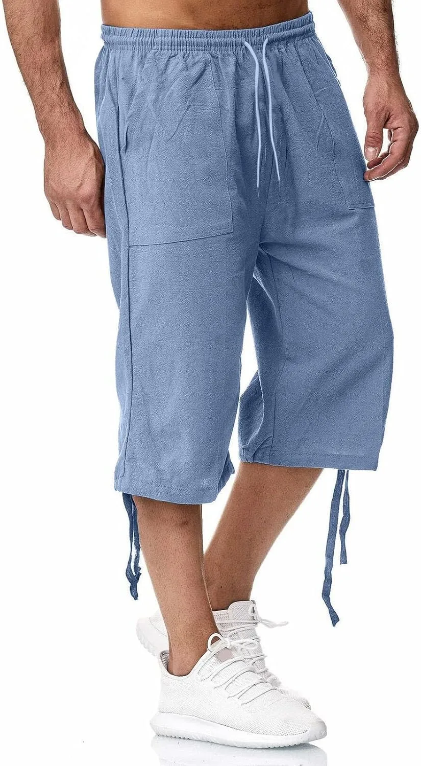 Men's 3/4 Leg Shorts Summer Drawstring Elastic Waist Fit Breathable Leisure Style Sport Clothes Cute Trendy Trousers