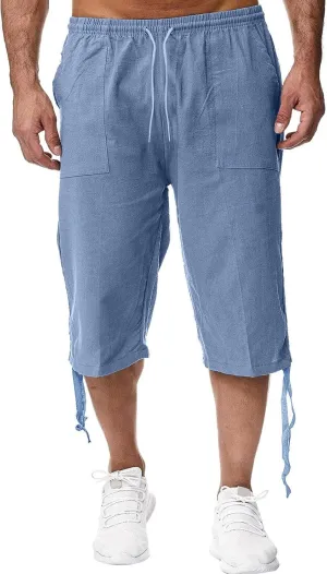 Men's 3/4 Leg Shorts Summer Drawstring Elastic Waist Fit Breathable Leisure Style Sport Clothes Cute Trendy Trousers