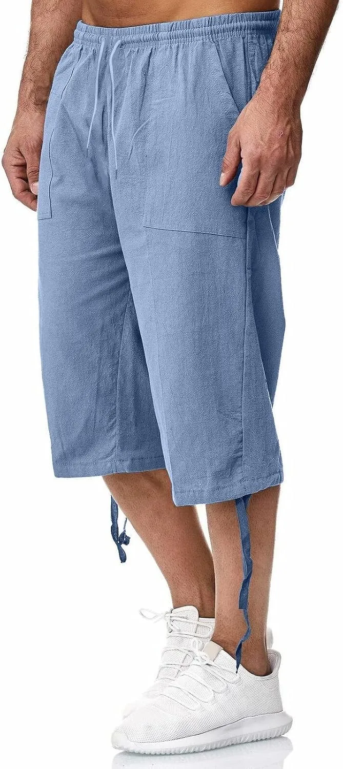 Men's 3/4 Leg Shorts Summer Drawstring Elastic Waist Fit Breathable Leisure Style Sport Clothes Cute Trendy Trousers