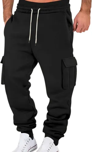 Mens Baggy Cargo Sweatpants, Drawstring Waist, Fleece Lined Joggers with Pockets, for Soft Athletic and Track
