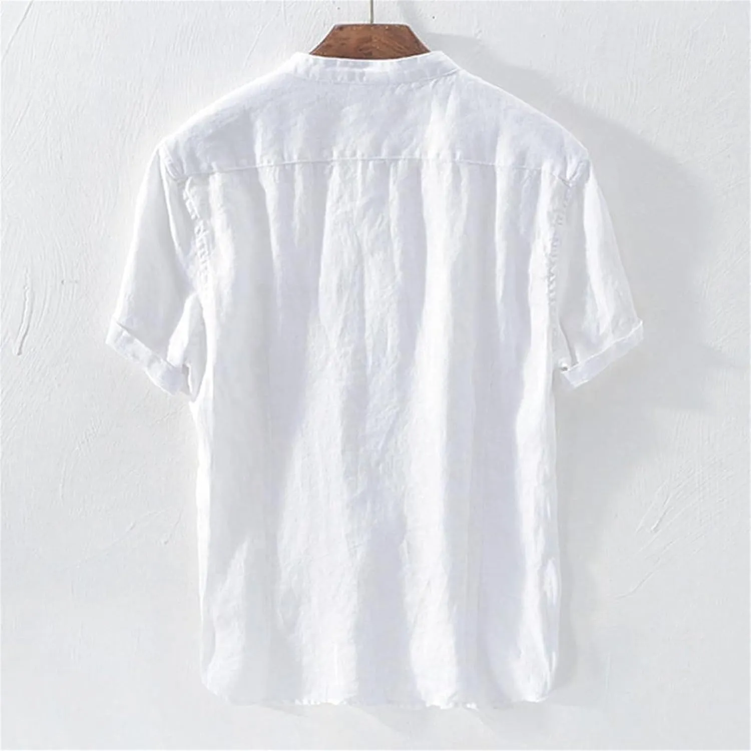 Men's Button Down Short Sleeve Shirts Lightweight Cotton Linen Casual Loose Fit Shirt Band Collar Hippie Beach Tops