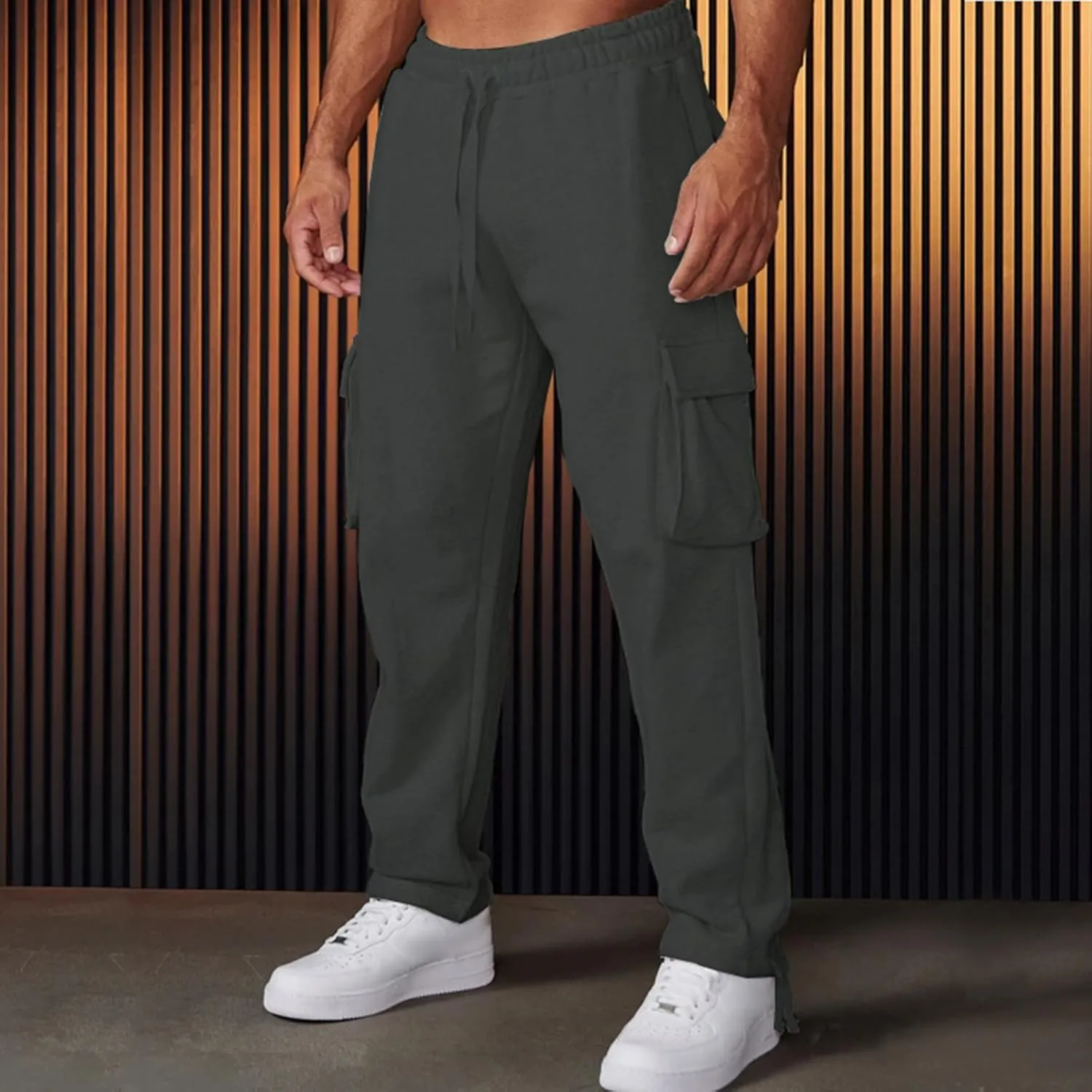 Mens Casual Cargo Sweatpant with Multi Pockets Baggy Elastic Waist Drawstring Pants Outdoor Straight Stretch Trousers