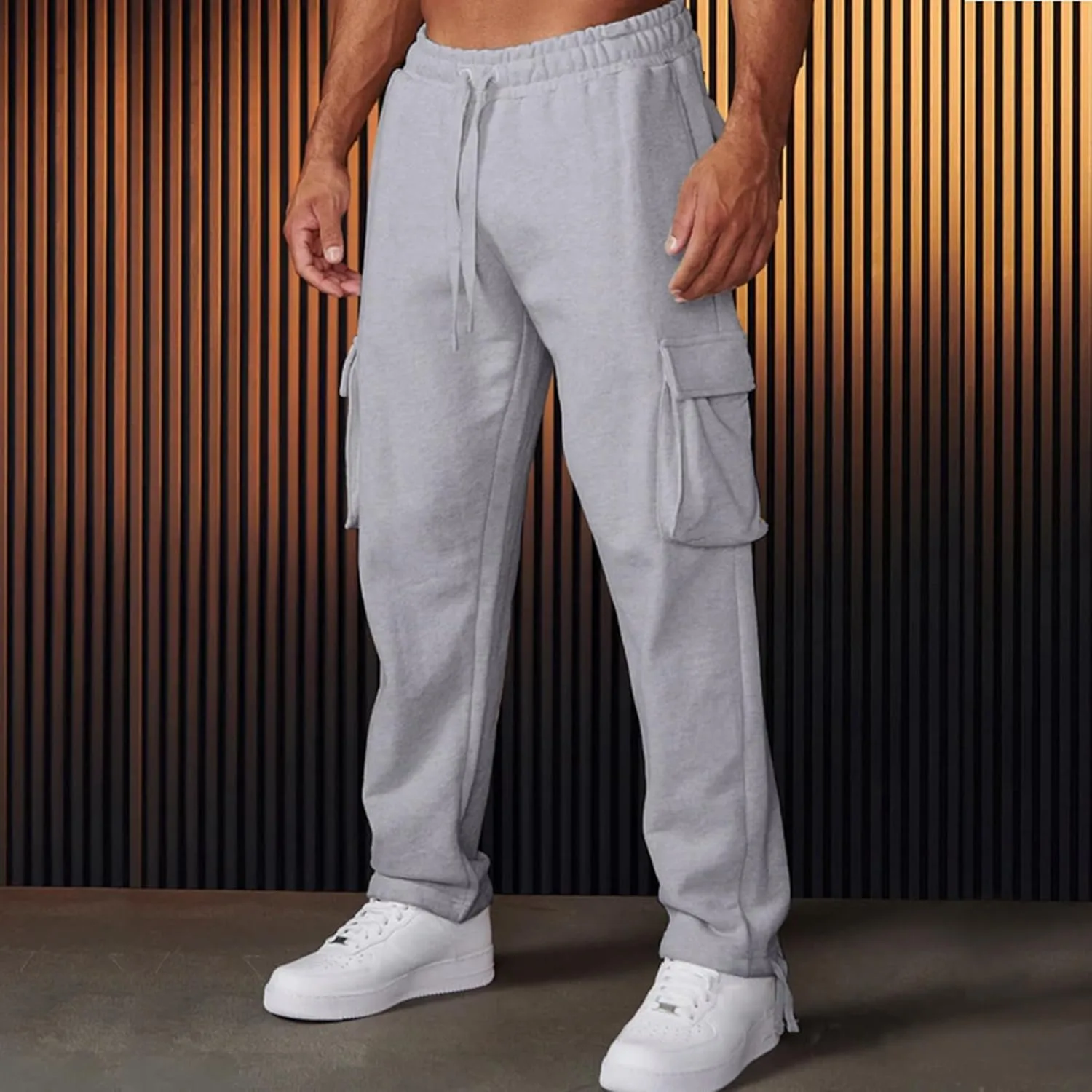 Mens Casual Cargo Sweatpant with Multi Pockets Baggy Elastic Waist Drawstring Pants Outdoor Straight Stretch Trousers