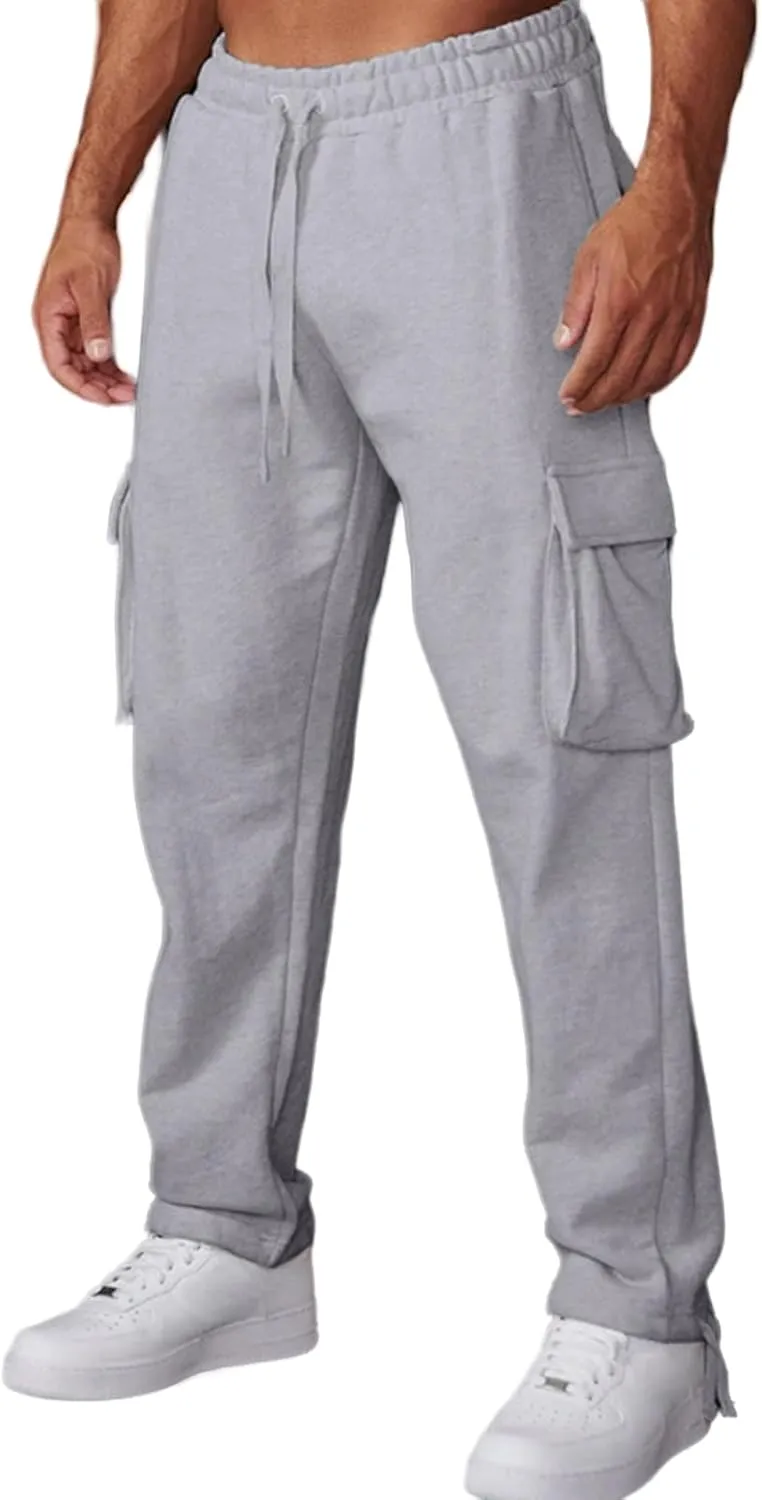 Mens Casual Cargo Sweatpant with Multi Pockets Baggy Elastic Waist Drawstring Pants Outdoor Straight Stretch Trousers