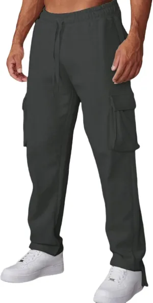 Mens Casual Cargo Sweatpant with Multi Pockets Baggy Elastic Waist Drawstring Pants Outdoor Straight Stretch Trousers