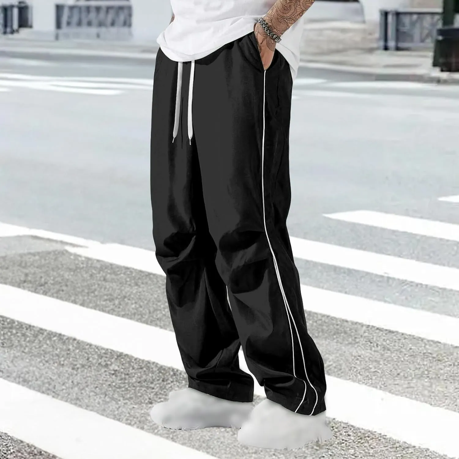 Men's Casual Drawstring Parachute Pants Baggy Elastic Waist Pants Side Stripes Athletic Loose Tousers with Pockets