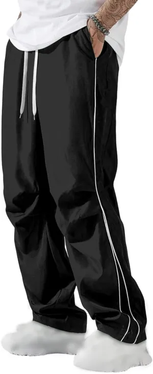 Men's Casual Drawstring Parachute Pants Baggy Elastic Waist Pants Side Stripes Athletic Loose Tousers with Pockets
