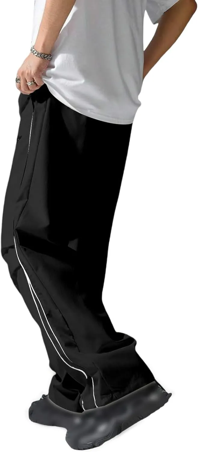 Men's Casual Drawstring Parachute Pants Baggy Elastic Waist Pants Side Stripes Athletic Loose Tousers with Pockets