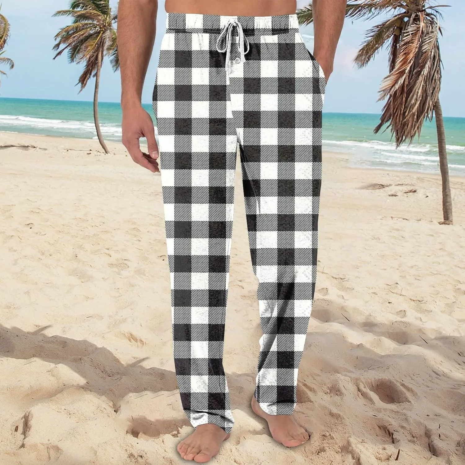 Men's Casual Drawstring Plaid Sweatpants Loose Yoga Jogger Pants Elastic Waist Lightweight Trendy Trouser with Pockets