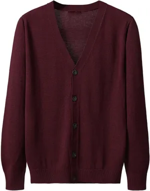 Men's Casual Long-Sleeve Soft Touch Cardigan Sweater Slim Fit Thin Knitted Top V Neck Buttons Solid Sweater Coat (Red Wine,X-Large)