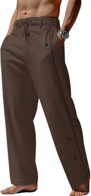 Mens Cotton Linen Pants Drawstring Elastic Waist Casual Breathable Classic Trendy Trousers Vacation Beach Sweatpants