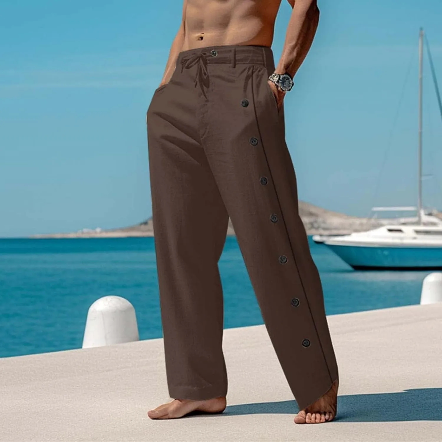Mens Cotton Linen Pants Drawstring Elastic Waist Casual Breathable Classic Trendy Trousers Vacation Beach Sweatpants