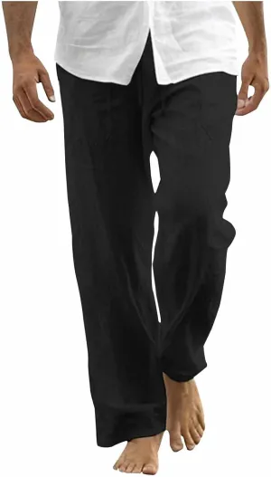 Mens Cotton Linen Pants Drawstring Elastic Waist Casual Yoga Pants Loose Fit Straight-Legs Summer Beach Long Trousers