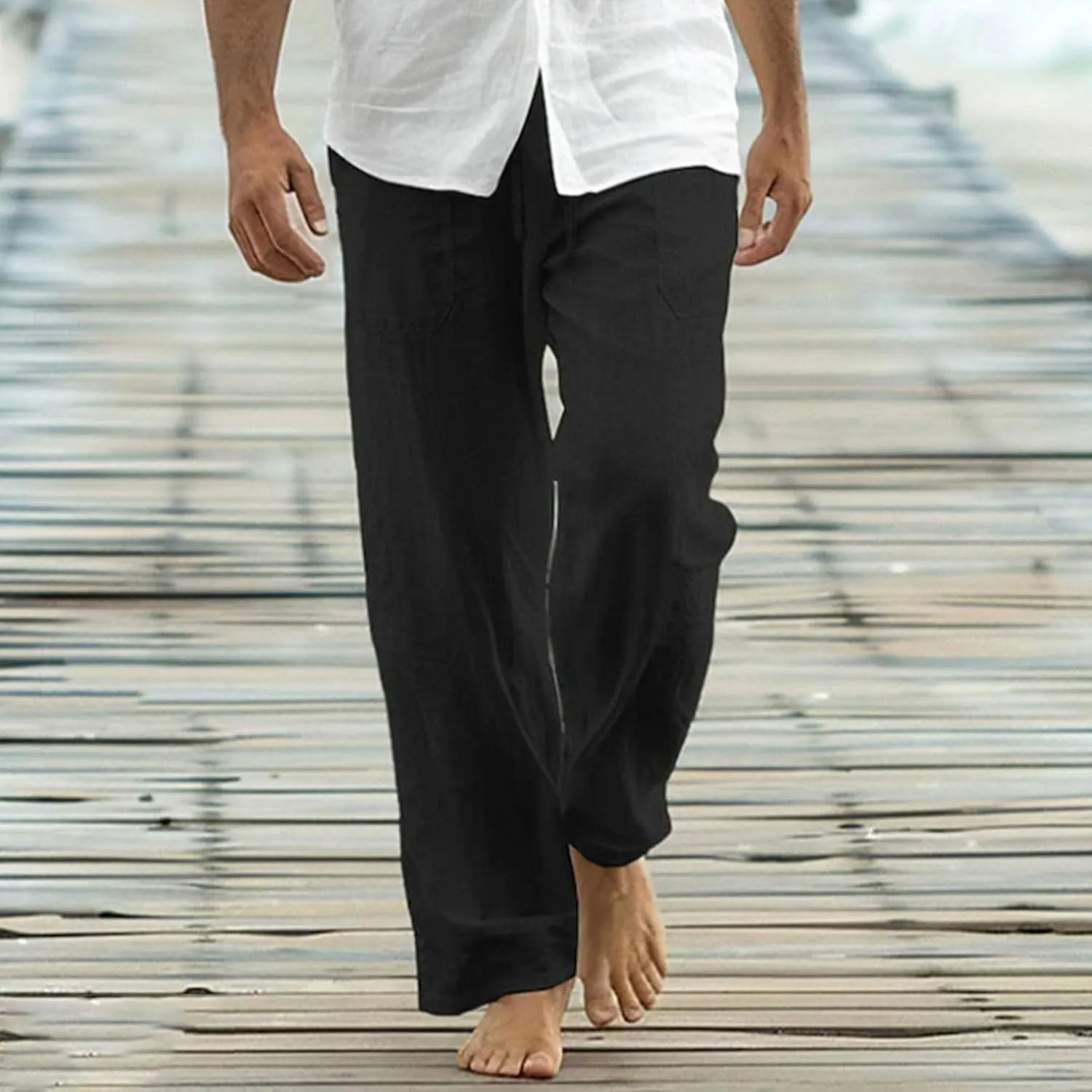 Mens Cotton Linen Pants Drawstring Elastic Waist Casual Yoga Pants Loose Fit Straight-Legs Summer Beach Long Trousers