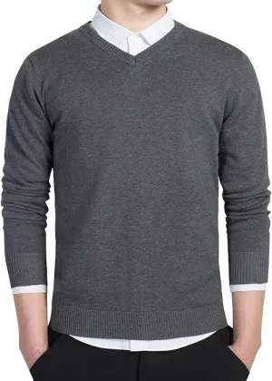 Men's Essential Long Sleeve V-Neck Sweater Soft Touch Slim Pullover Regular Fit Cotton Sweater
