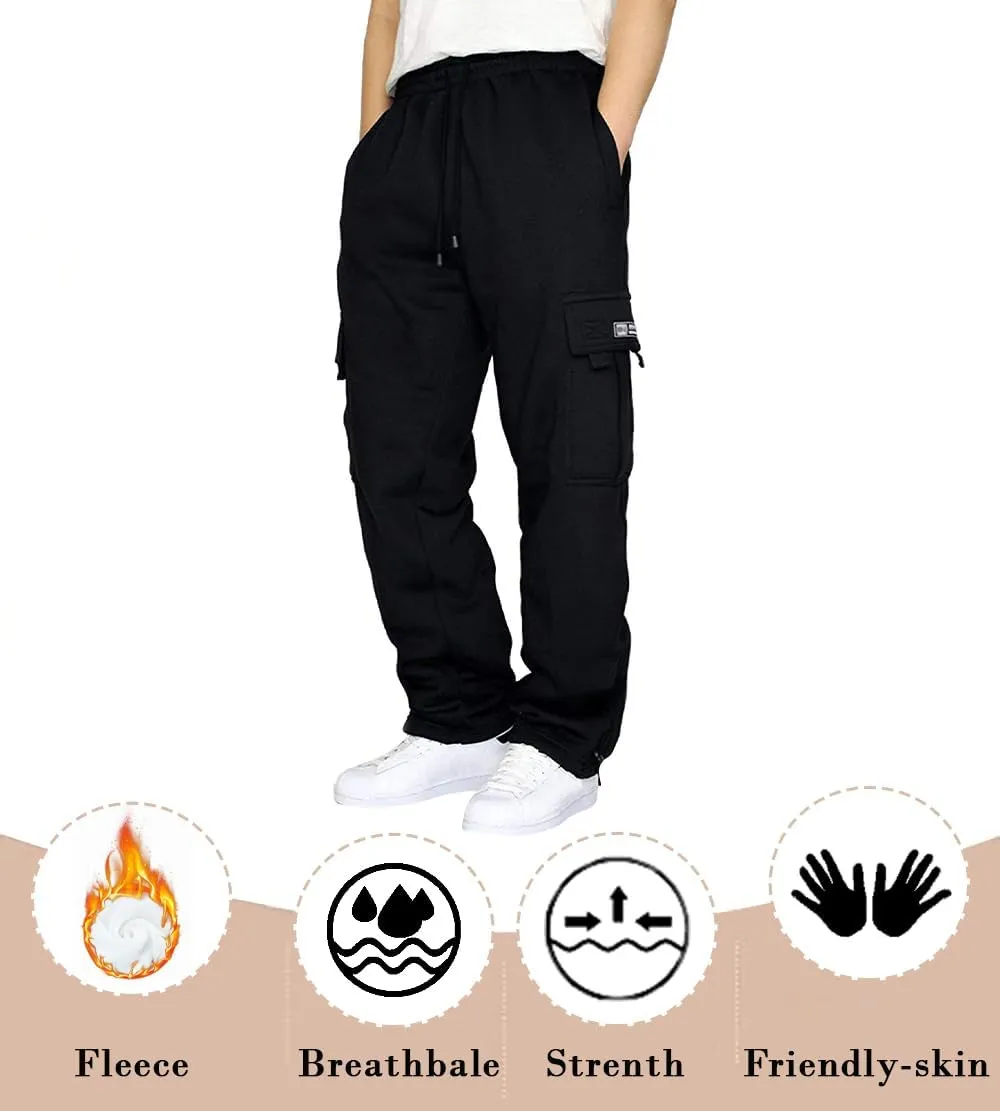 Mens Fleece Cargo Joggers Sweatpants Baggy Pants Stretch Elastic Waist Drawstring Sweats Pant with Pockets