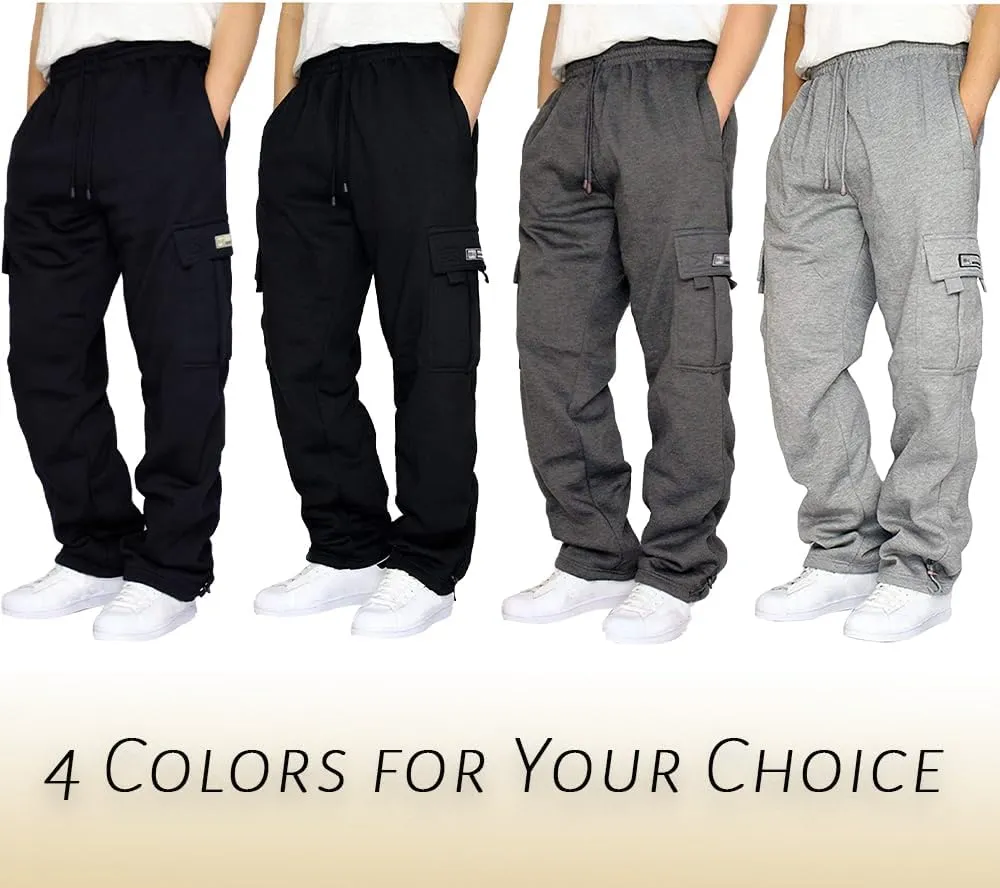 Mens Fleece Cargo Joggers Sweatpants Baggy Pants Stretch Elastic Waist Drawstring Sweats Pant with Pockets